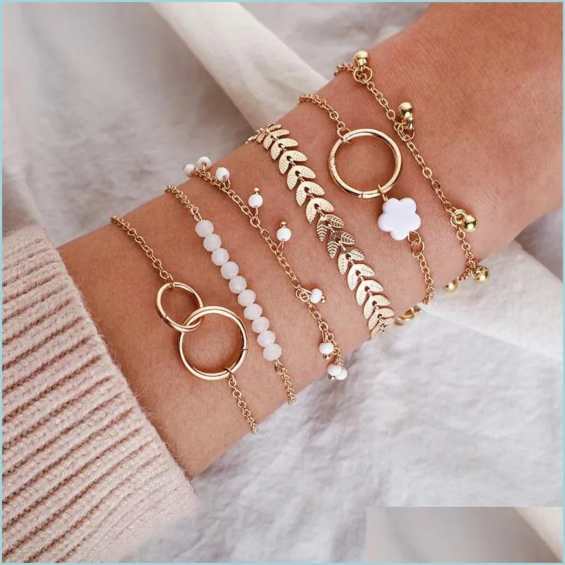 bohemian gold tassel link bracelets for women boho jewelry geometric leaves beads layered hand chain charm bracelet set bulk wholesale