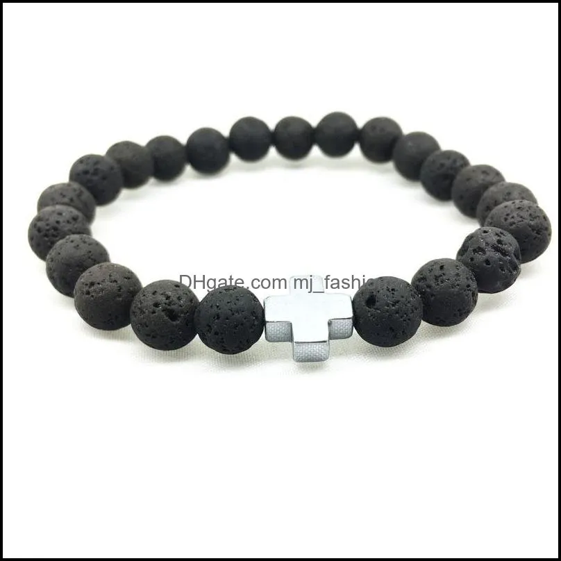 fashion natural black lava stone cross charm bracelet aromatherapy  oil diffuser bracelet for women men