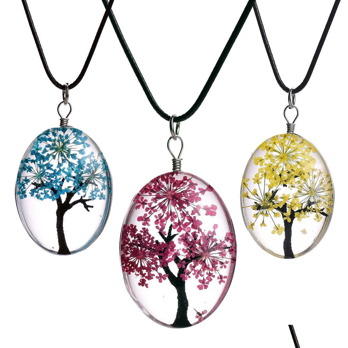 fashion dried flower specimen necklaces oval glass cabochon tree of life pendant leather wax rope chains for women diy jewelry gift