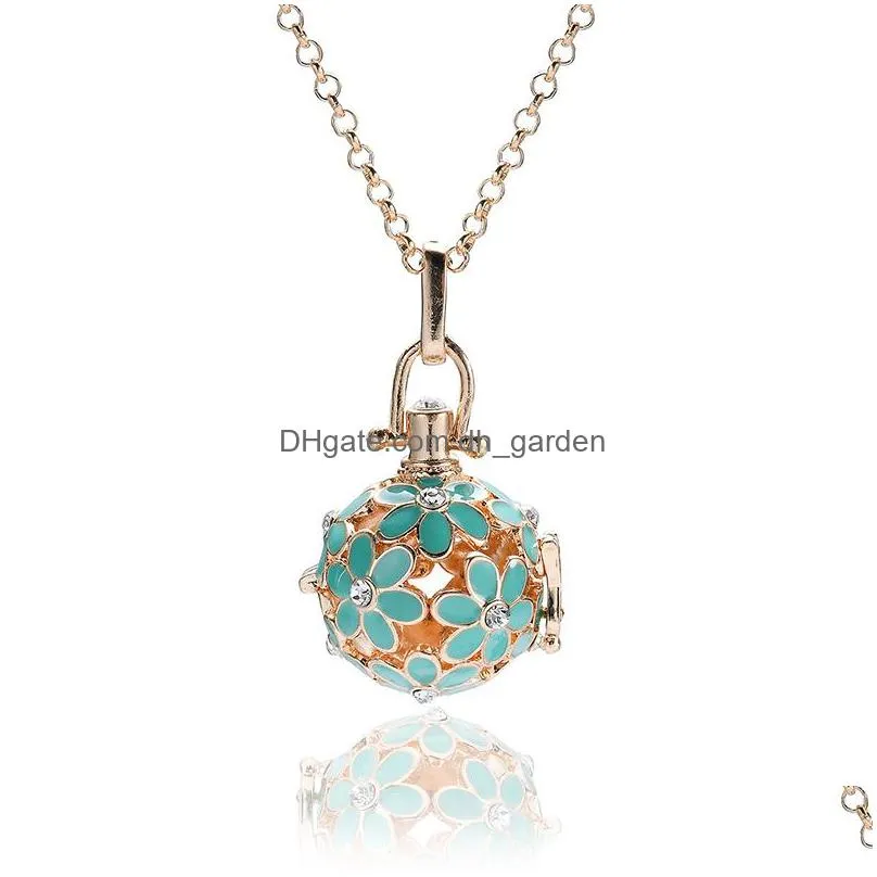  diffuser  oil enamel cage pendant necklaces with 5 cotton ball hollow flower lockets 60cm chains for women fashion