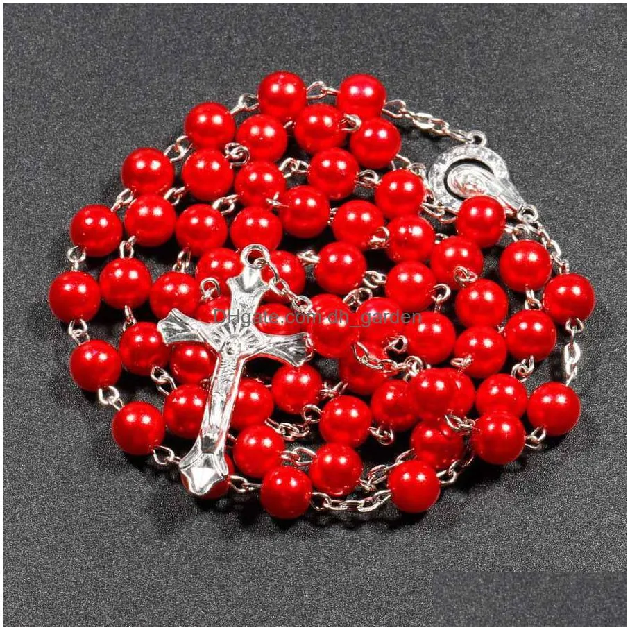 7 colors religious catholic rosary necklaces jesus cross pendant long 8mm bead chains for women men christian jewelry gift