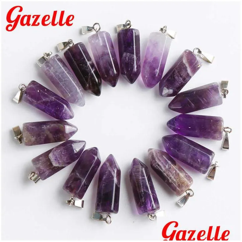 12pcs natural stone purple crystal amethysts hexagonal point pendants necklaces water drop jewelry whole lot