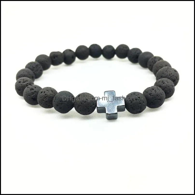 fashion natural black lava stone cross charm bracelet aromatherapy  oil diffuser bracelet for women men