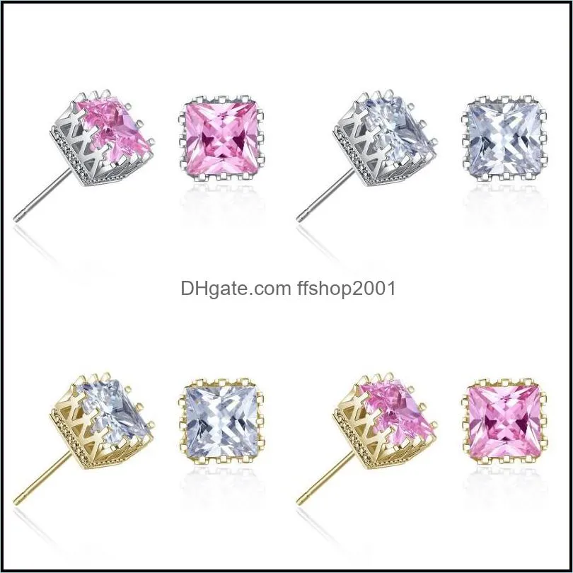 wholesale gold plated square zircon crown stud earrings fashion party jewelry engagement gift for women mixed colors 1226 b3