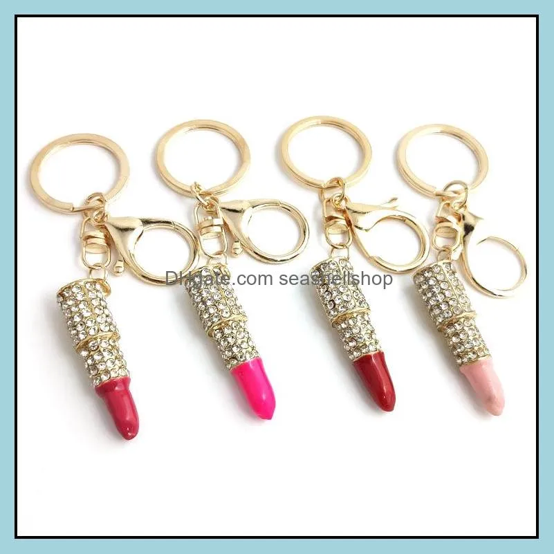 classic fashion key rings metal rhinestone lipstick red keychain bag pendant for woman gift