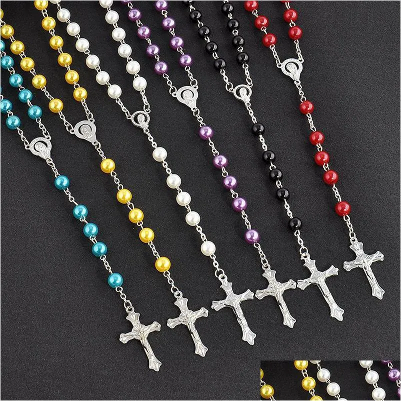 luxury faux pearl long necklaces multicolor fake pearl beads chain christian cross pendant necklace for women ladies fashion jewelry