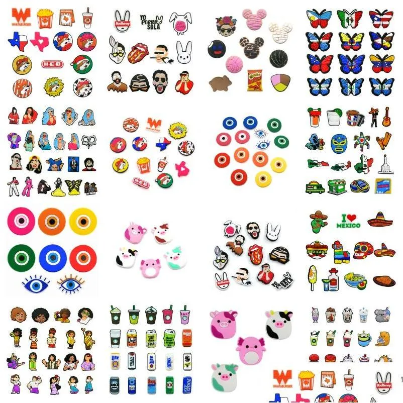 100pcs/set evil eyes texas mexican pattern croc jibz 2d soft pvc anime shoe accessories clog pins shoe buttons buckles decorations fit child wristlets