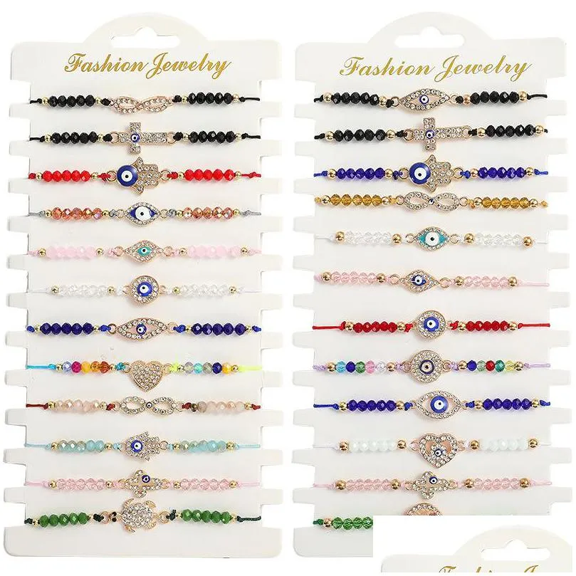 12pcs/set blue evil eye bracelets for women crystal tree hand cross heart turtle charm beads rope string chain adjustable bangle fashion jewelry