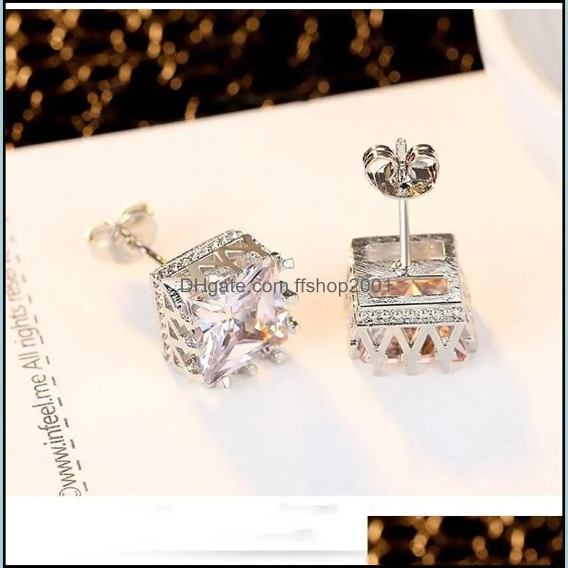 wholesale gold plated square zircon crown stud earrings fashion party jewelry engagement gift for women mixed colors 1226 b3