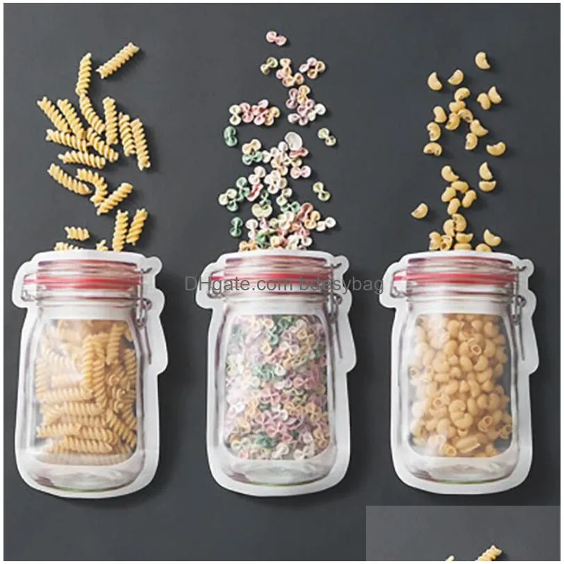 kitchen storage organization mason jar shaped food container plastic safe zippers storage bags reusable eco friendly snacks bag plastic storage bags smell proof
