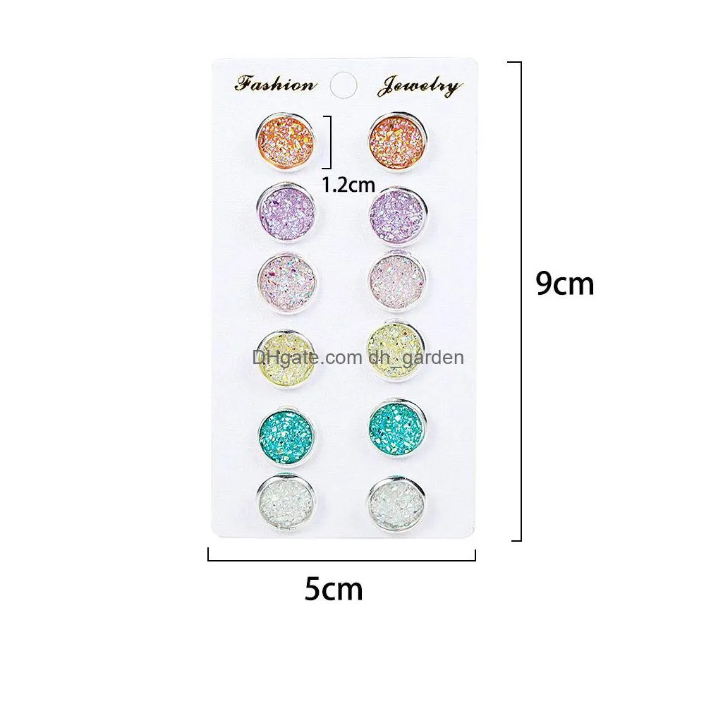 6 pair/set womens shiny resin ear stud with round bling druzy stone for girls cute earrings set 2019 fashion jewelry gift