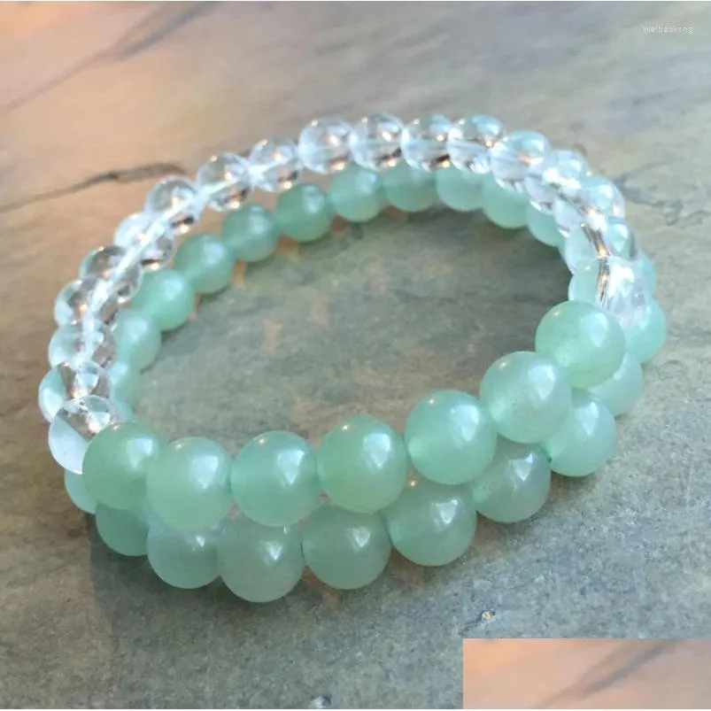 strand beaded strands 8mm set of 2 green stone clear crystal quartz bracelet yoga mala beads elastic stretchy braceletbeaded