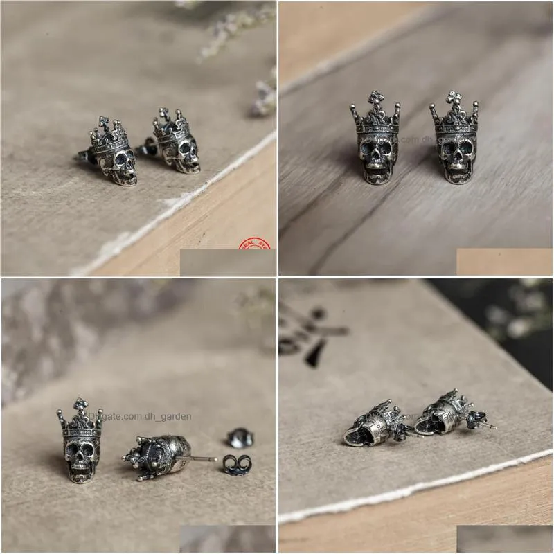 stud 100 925 sterling silver creative retro skull king crown earring punk gothic style ear pin for men women jewelrystud