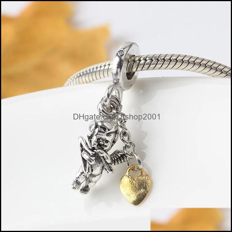 fits bracelets cupid love gold heart dangle charms bead charm beads pendant for wholesale diy european necklace jewelry 492 h1