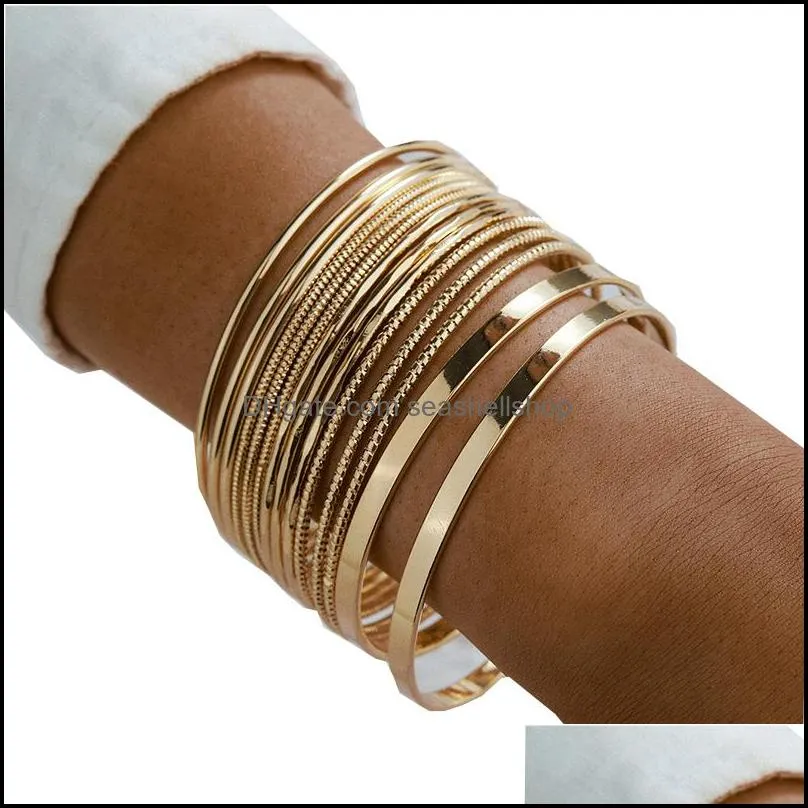 punk gold color bangle for women fashion alloy metal bracelet party jewelry accessories 14 pcs/set