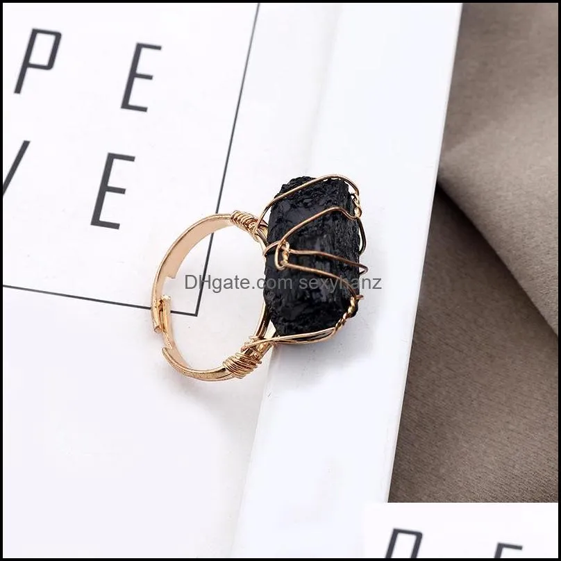 natural crystal stone ring irregular wire wrap women men healing amethysts fluorite goldcolor resizable quartz rings