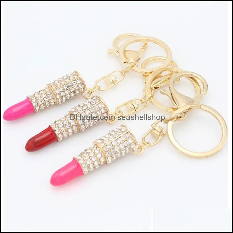 classic fashion key rings metal rhinestone lipstick red keychain bag pendant for woman gift