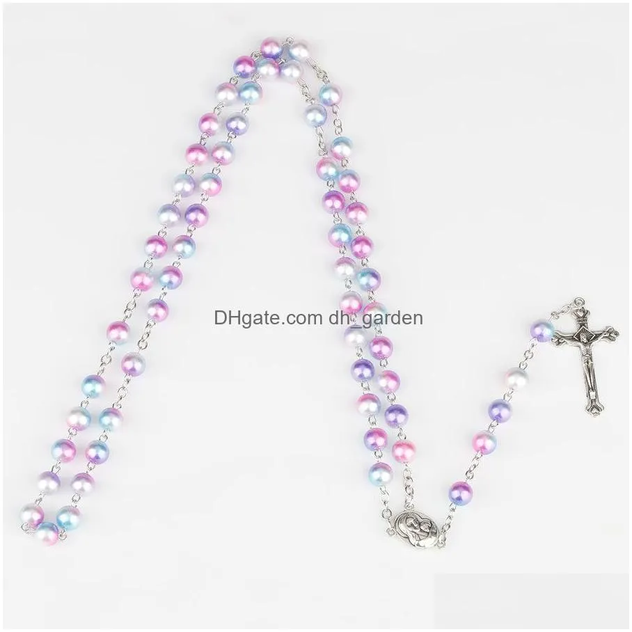 12 colors religion rosary necklace for women christian virgin mary jesus cross pendant long beads chains fashion jewelry gift