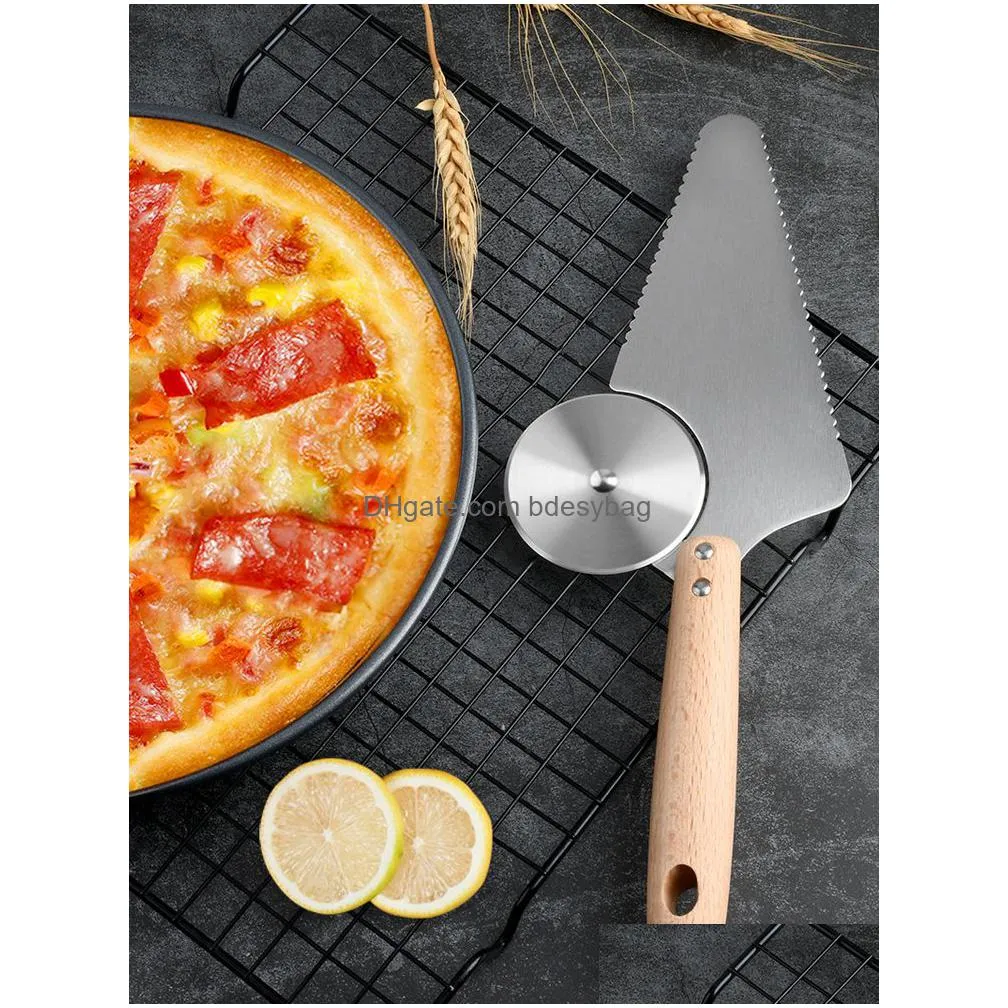 baking pastry tools baking pastry tools pizza cutter server slicer stainless steel wheel blade knife shovel with wooden handle for bread pie waffles