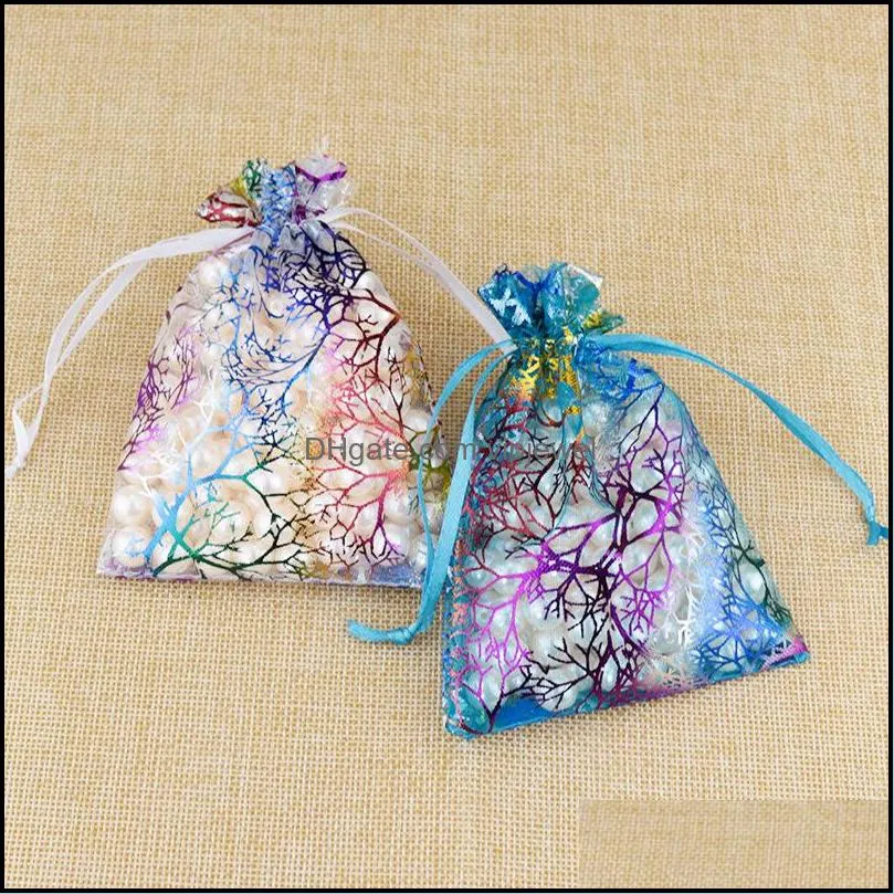 100pcs/lot 7x9cm transparent bronzing organza jewelry drawstring bag wedding favors party packaging pouch decoration favor holder gift
