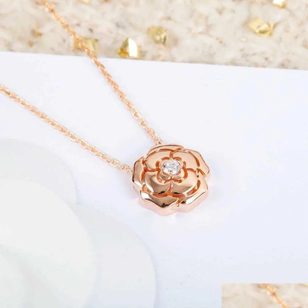 european 2021 trend famous brand pure 925 sterling silver necklace jewelry for women luxury rose gold camellia charms c