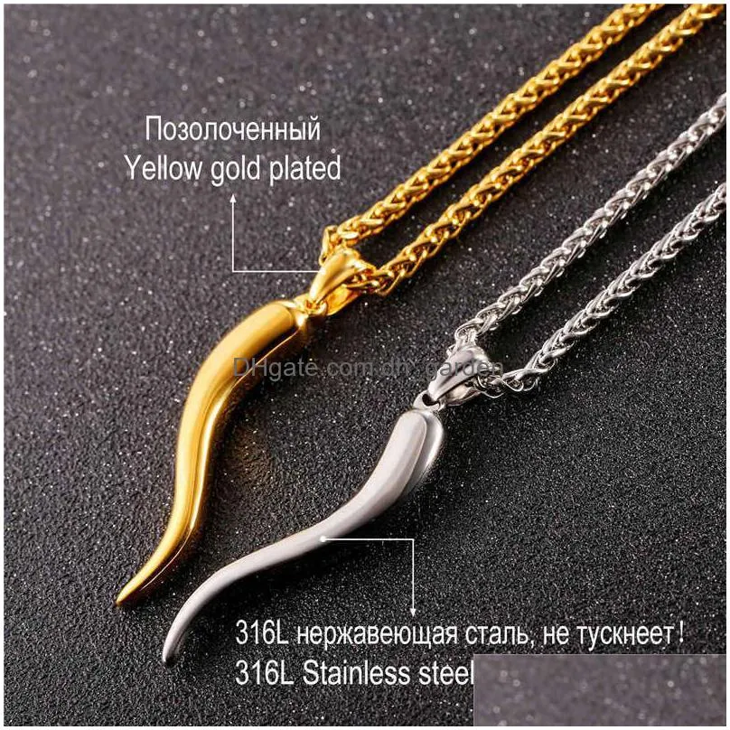 u7 italian horn necklace amulet gold color stainless steel pendants chain for men/women gift fashion jewelry p1029