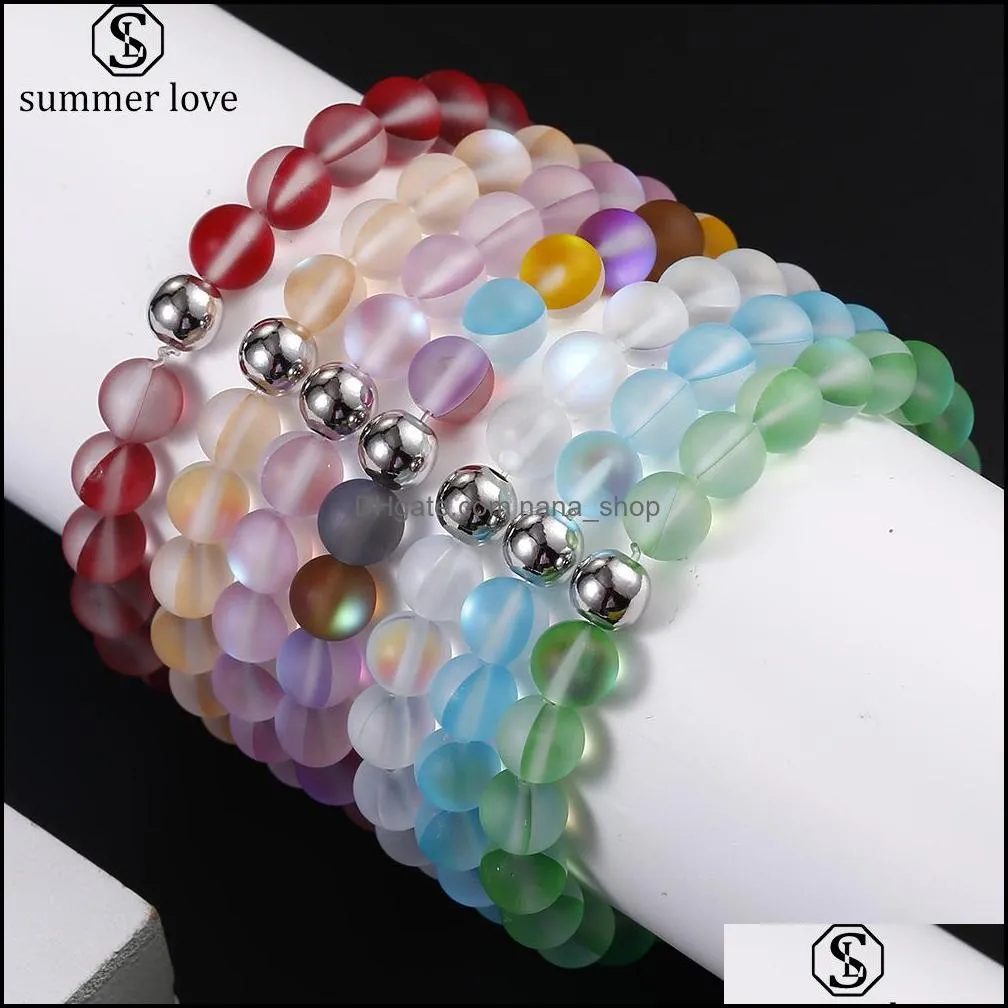 8mm dull polish frosted crystal glass flash stone bead bracelet for women men multicolor moonstone strand beads bracelet fashion