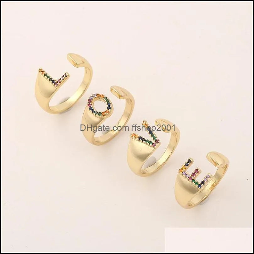 cluster rings andshiny fine copper microinlaid zircon 26 alphabet letter for women men male female open ring boy girls jewelry 3394