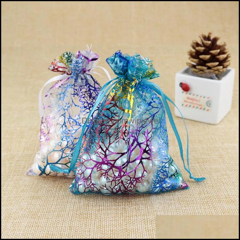 100pcs/lot 7x9cm transparent bronzing organza jewelry drawstring bag wedding favors party packaging pouch decoration favor holder gift