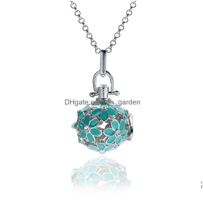  diffuser  oil enamel cage pendant necklaces with 5 cotton ball hollow flower lockets 60cm chains for women fashion