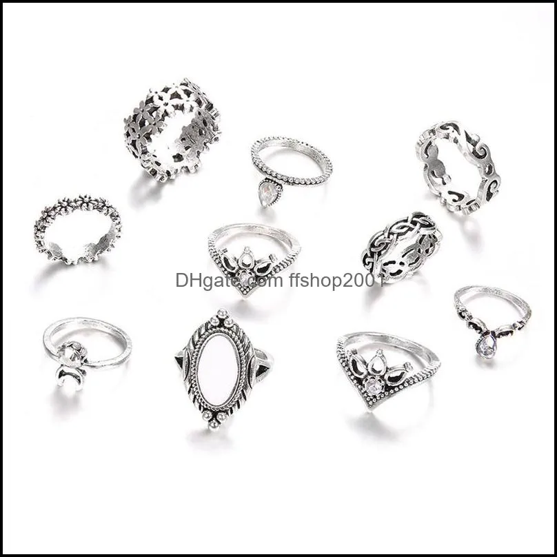 wedding rings 10pcs/set dazzling opal crystal moon finger ring set retro crown stone joint for women jewelry accessories gifts 3514 q2