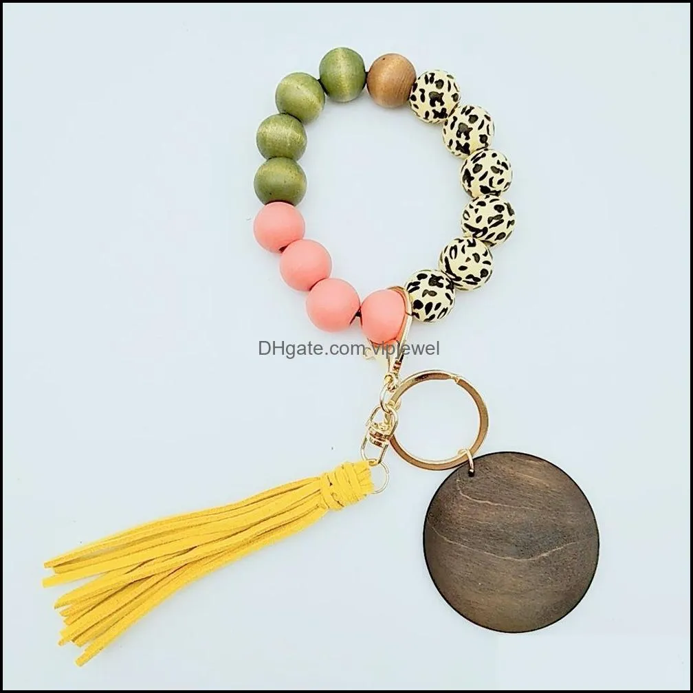 leopard wood beads bracelet key ring with tassel circle fashion elastic keychains for lady handbag pendant jewelry q403fz