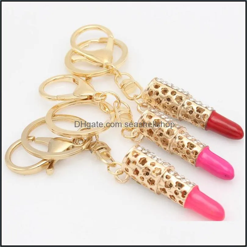 classic fashion key rings metal rhinestone lipstick red keychain bag pendant for woman gift