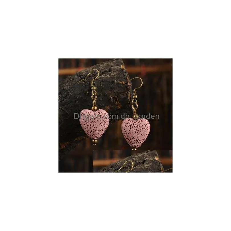 8 colors lava rock heart shape dangle earrings essential oil diffuser natural stone drop ear rings for women fashion aromatherapy