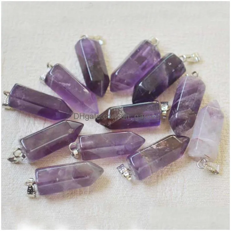 12pcs natural stone purple crystal amethysts hexagonal point pendants necklaces water drop jewelry whole lot