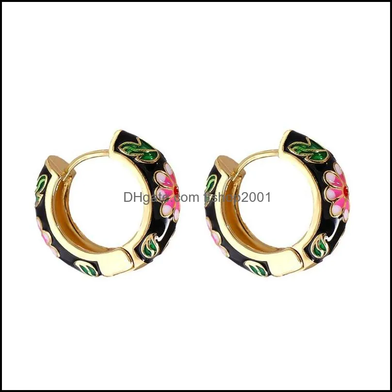 hoop huggie wholesale fashion colorful flower enamel small earrings gold metal geometric circle for women charm jewelry 3431 q2