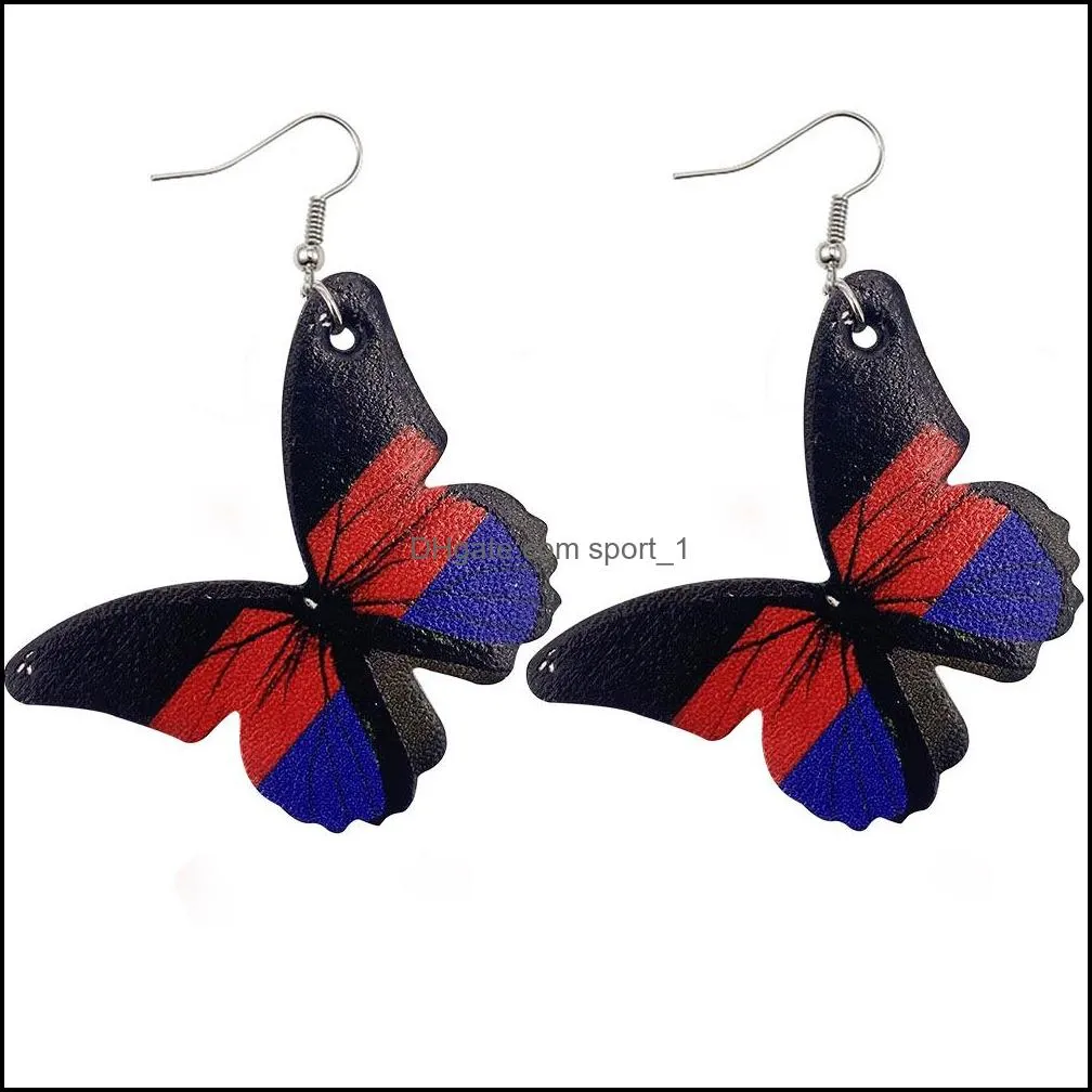  fashion designer pu leather earrings colorful butterfly pattern double side printed hook earrings for women summer jewelry