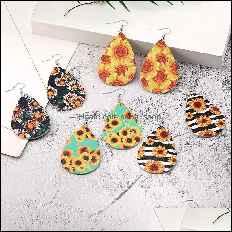  fashion bohomian pu leather earrings for women sunflower daisy printed waterdrop double side dangle earrings party jewelry christmas
