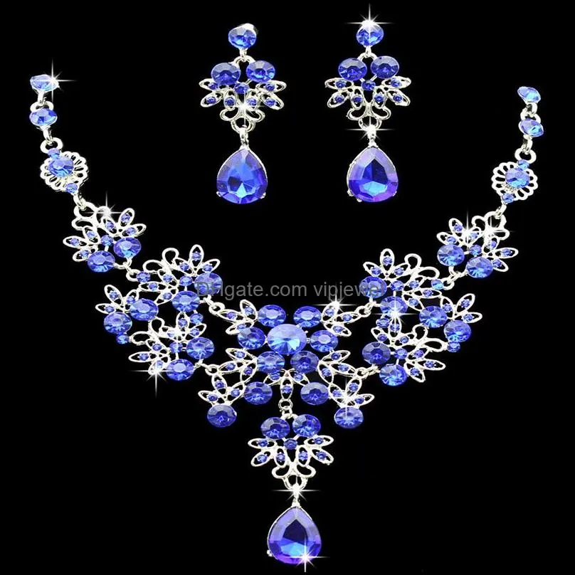 6 colors women bling crystal bridal jewelry set silver diamond wedding statement necklace dangle earrings for bride bridesmaids