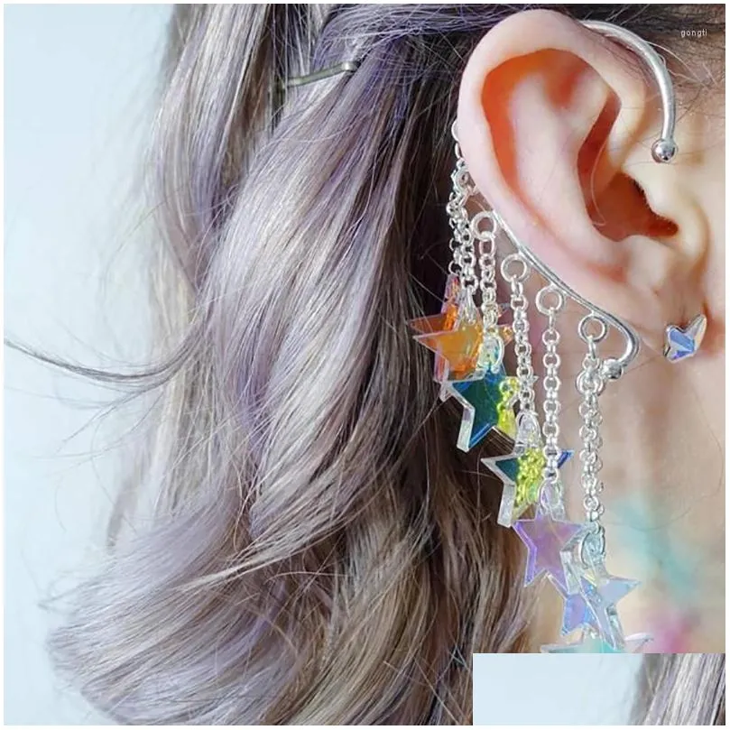 dangle earrings 1pcs magical girl ear cuff with rainbow iridescent stars and chains/butterfly crystal