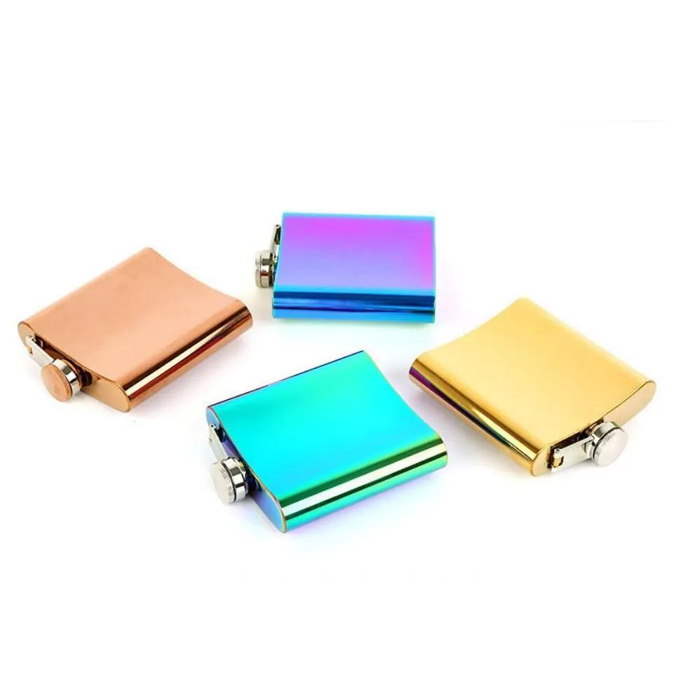 hip flasks portable 6oz hip flask gold plated gradient color rainbow colored stainless steel flask screw cap whiskey wine bottle