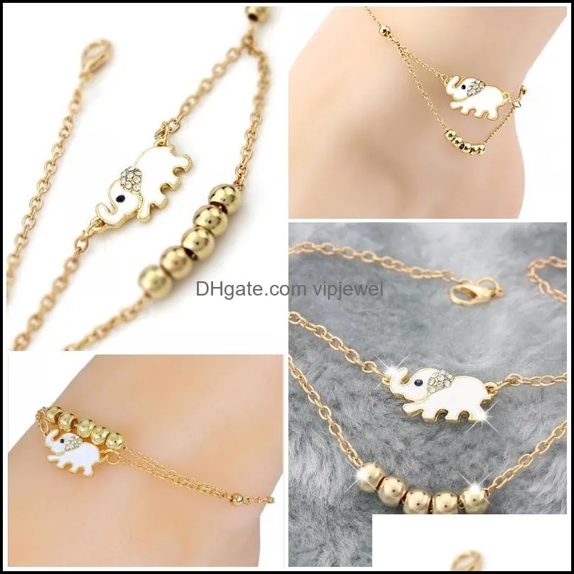 fashion elephant beads anklet for women girls gift gold color wholesale cute animal summer jewelry foot ankle chains d941la