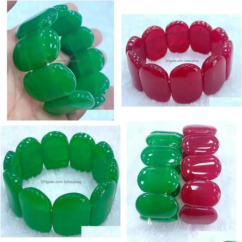 strand natural 20x30mm green/red jade gemstone bead elastic bracelet 7.5 inches