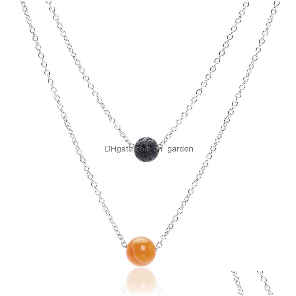  8mm lava rock and 10mm 7 color chakra stone pendant multilayered necklaces silver stainless steel chain for women fashion jewelry