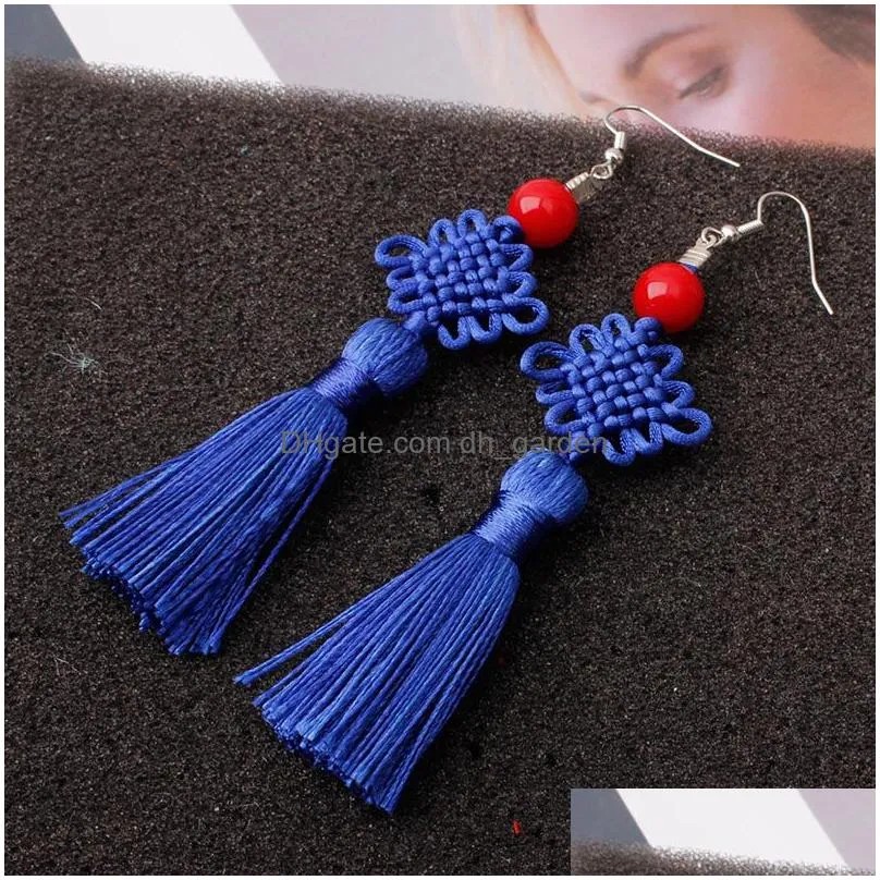 dangle earrings colorful thread braided chinese knot tassel for women handmade lucky peace long fringed hanging 2022