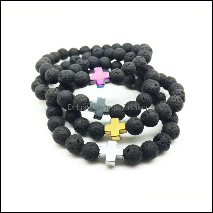 fashion natural black lava stone cross charm bracelet aromatherapy  oil diffuser bracelet for women men