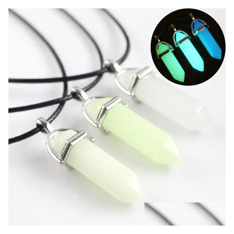 glow in the dark natural stone necklace for women quartz healing crystal point hexagonal bullet pendant rope chains men s fashion