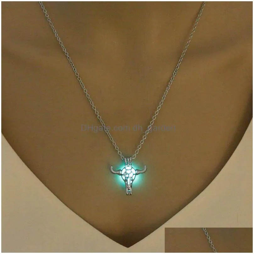 fashion luminous bull head pendant necklaces for women glow in the dark stone cage open lockets silver chains jewelry in bulk