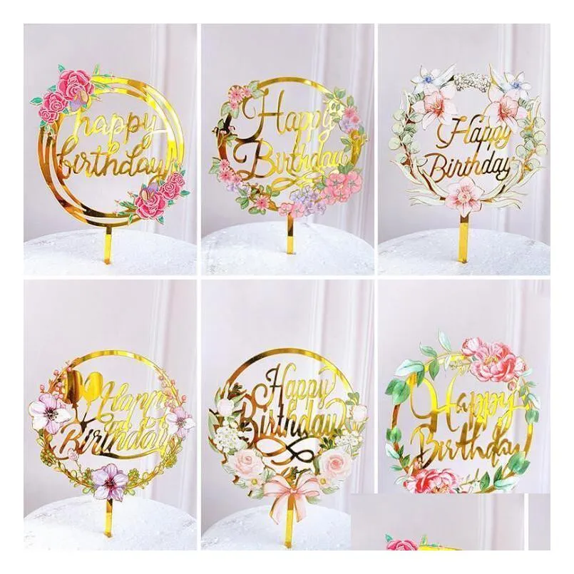 cake tools cake topper light flower happy birthday cake inserted card acrylic elegant font birthday party baking decoration supplies