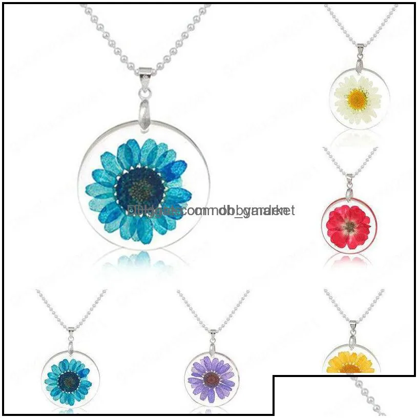 pendant necklaces pendants jewelry natural dried flower for women transparent resin real dry round gift drop delivery 2021 l8ze0